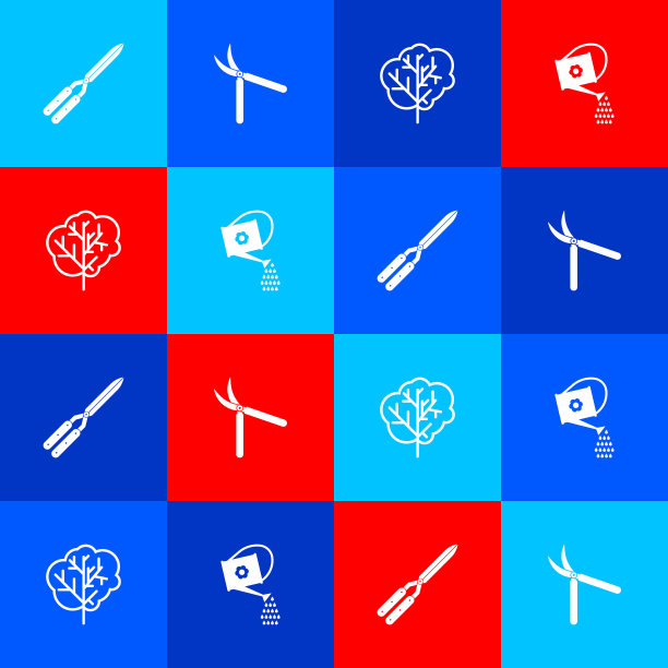 设置园艺手工剪刀，树和浇水罐图标。向量图片下载