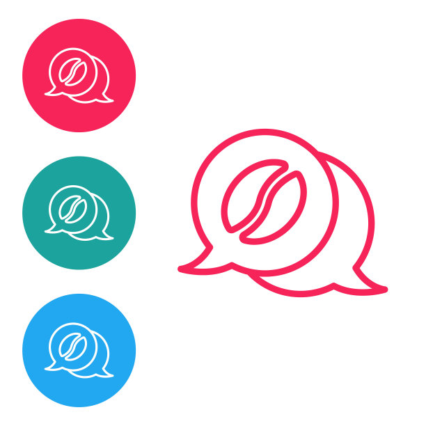 红色线咖啡和对话图标隔离在白色背景。咖啡说话。演讲泡沫聊天。在圆形按钮中设置图标。向量图片下载