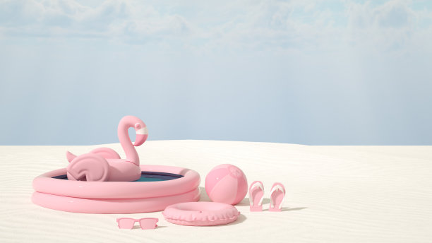 粉红色的充气火烈鸟在充气游泳池，最小的夏季和旅游概念图片下载