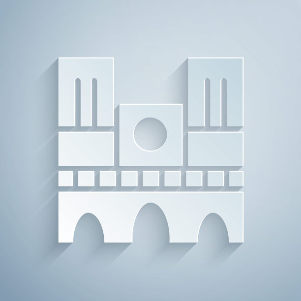 剪纸标志的法国巴黎圣母院图标孤立在灰色的背景。纸艺术风格。向量图片下载