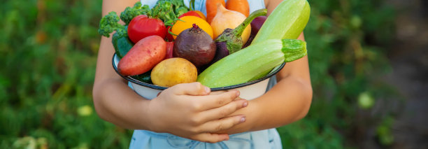 蔬菜在手，孩子和父亲在花园里。有选择性的重点。图片下载
