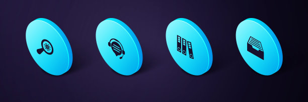 设置等距抽屉与文件，办公室文件夹，耳机语音气泡聊天和微生物下的放大镜图标。向量图片下载