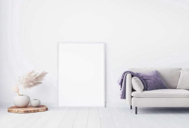 简约的客厅设计，白色背景上的紫色和米色家具，现代设计中的空墙模型图片下载