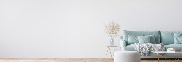 客厅内景：蓝色丝绒沙发、靠垫、白色格子和金色咖啡桌图片下载