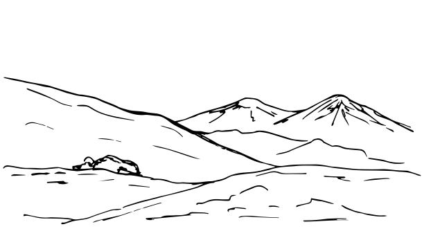 手绘简单的矢量草图在黑色轮廓。全景山景，丘陵，岩石地形，山区国家的野生动物。地理，旅游，旅游，露营。图片下载