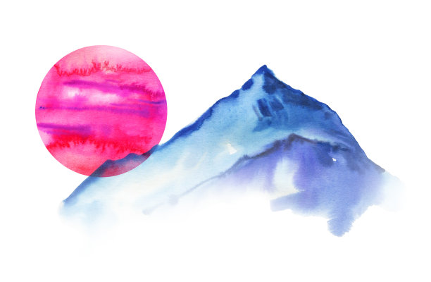 以山和月构成景观。中国传统水墨图形。手绘水彩素描插图孤立的白色背景图片下载