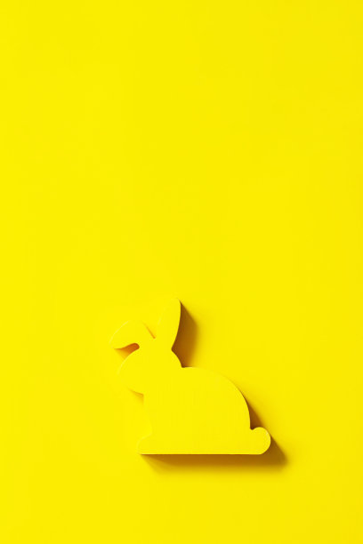 创意最小复活节快乐设计兔照亮黄色的2021年。俯视图平铺背景。副本的空间。图片下载