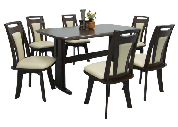 餐桌和椅子孤立在白色背景上。豪华和现代的餐桌设置不同的风格和大小。石材桌面，钢化玻璃，木制桌面和舒适的餐椅。图片下载