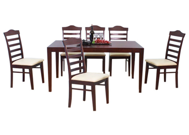 餐桌和椅子孤立在白色背景上。豪华和现代的餐桌设置不同的风格和大小。石材桌面，钢化玻璃，木制桌面和舒适的餐椅。图片下载