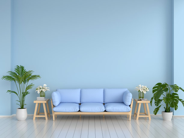 沙发和植物在蓝色客厅的模型，3D渲染图片下载
