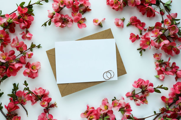 模型贺卡。春天的作文。盛开的杜鹃花枝和信封为文字。祝贺。邀请图片下载