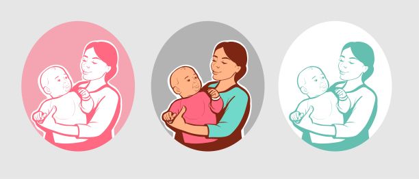 一套三个时尚的标志。一个年轻快乐的女人抱着一个孩子。彩色插图的女性主题为母亲和童年图片下载