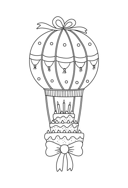 可爱的黑白矢量蛋糕上的蜡烛飞在带蝴蝶结的热气球上。为卡片，海报，印刷设计的生日甜点剪纸。孩子们的节日插图。有趣的行图标图片下载