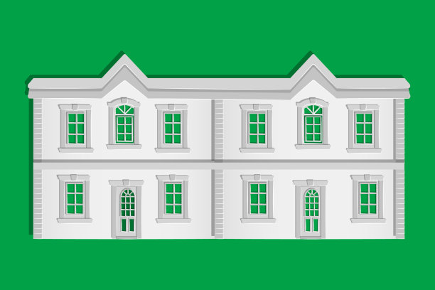 纸房子孤立在绿色背景。有门窗的折纸城市建筑。图片下载