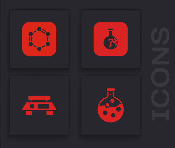 设置试管和烧瓶，苯环配方，破裂和电子秤图标。向量图片下载