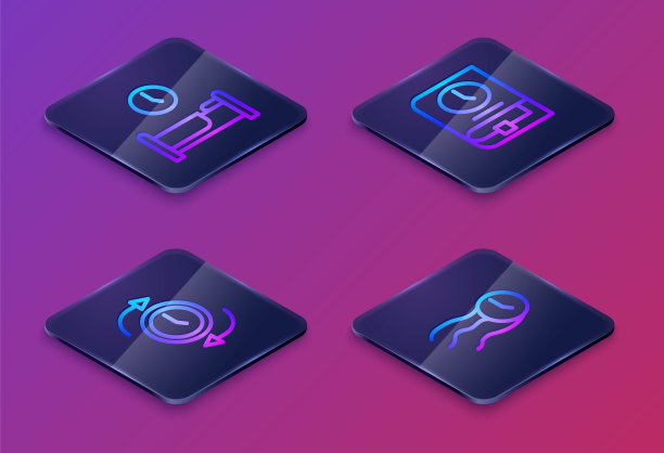 设定等距线时间睡觉，时钟与箭头，为书和苍蝇的时钟。蓝色方块按钮。向量图片下载