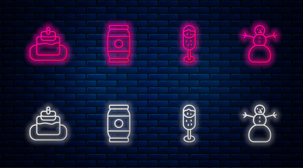 啤酒罐，香槟杯，蛋糕和圣诞雪人。砖墙上发光的霓虹灯图标。向量图片下载