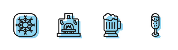 设置线木制啤酒杯，雪花，室内壁炉和香槟杯图标。向量图片下载