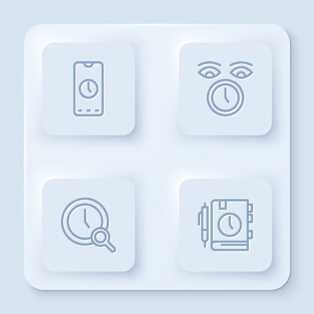 设置行闹钟app手机，时钟，放大镜与日常纸记事本。白色正方形按钮。向量图片下载