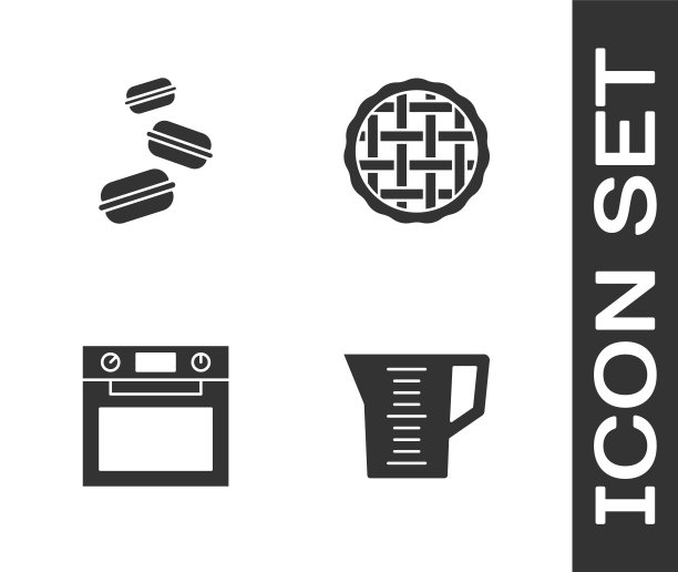 设置量杯，马卡龙饼干，烤箱和自制派图标。向量图片下载