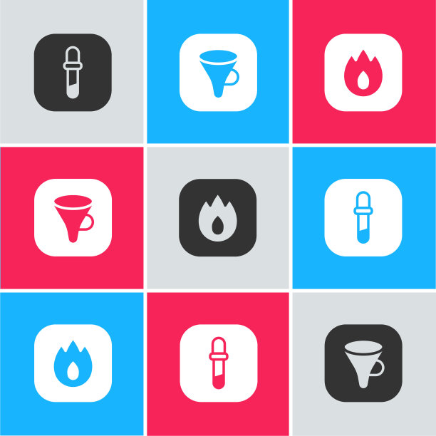 设置移液管，漏斗或过滤器和火焰火焰图标。向量图片下载