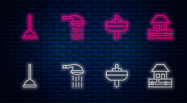 设置淋浴、洗脸盆、橡胶柱塞和供水管道。砖墙上发光的霓虹灯图标。向量图片下载