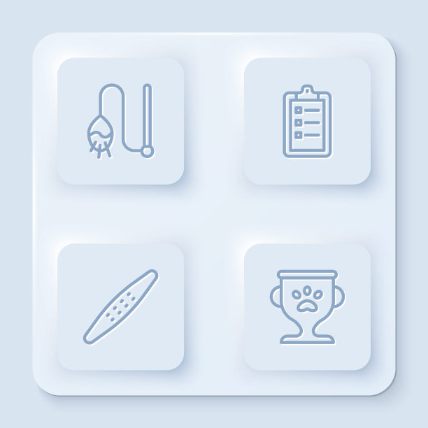 集宠物猫玩具，美容美发价目表，指甲锉宠物及奖品。白色正方形按钮。向量图片下载