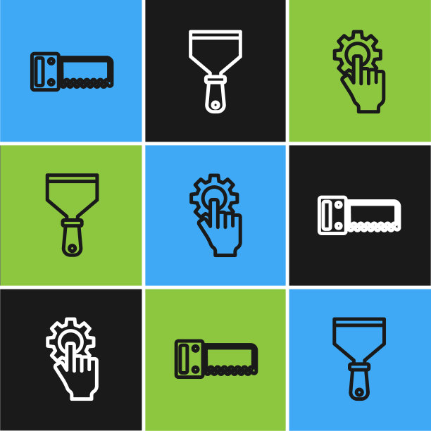 设定线手锯，设置在手上和油灰刀的图标。向量图片下载