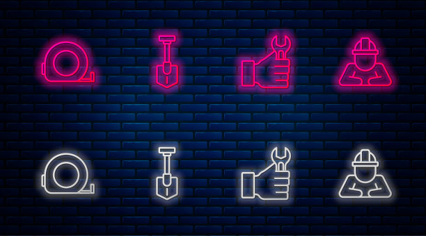 设置线铲，扳手扳手，轮盘建设和建设者。砖墙上发光的霓虹灯图标。向量图片下载