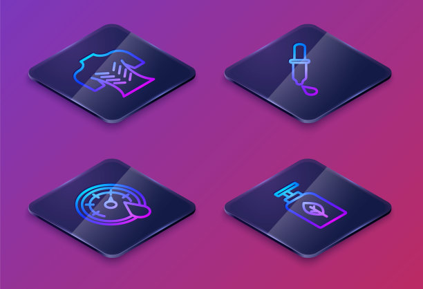 设置等距线按摩，桑拿温度计，吸管和精油瓶。蓝色方块按钮。向量图片下载