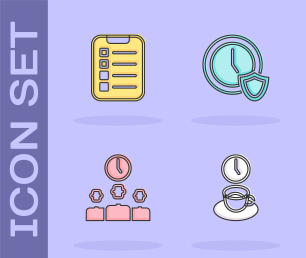 设置咖啡时间，做清单或计划，时间管理和时钟与盾牌图标。向量图片下载