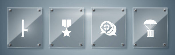 设置空投箱，目标运动，军事奖励奖章和警察橡皮警棍。方形玻璃面板。向量图片下载