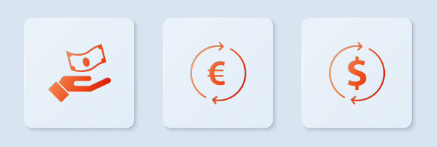 设置硬币货币与欧元符号，手握和金融增长美元。白色正方形按钮。向量图片下载