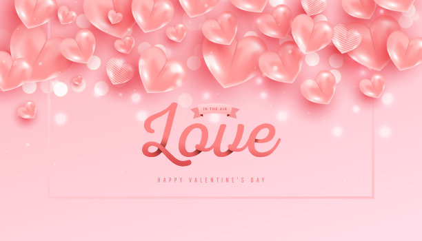 情人节背景与3d粉色心形飞在空中和爱的文字在粉红色的背景。图片下载