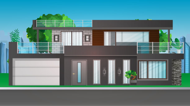 现代住宅，农舍，农舍，联排别墅，在城市的背景上有阴影。室外小屋的建筑可视化。现实的矢量图。图片下载