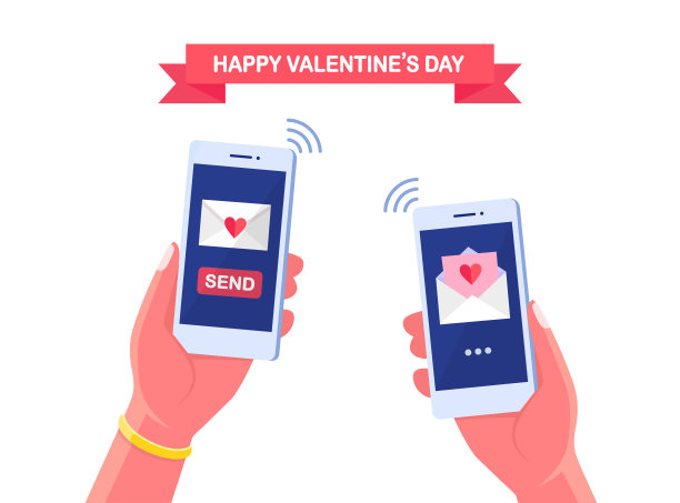 通过电话发送或接收情书、短信、短信。情人节快乐。信封上有红心。矢量图图片下载