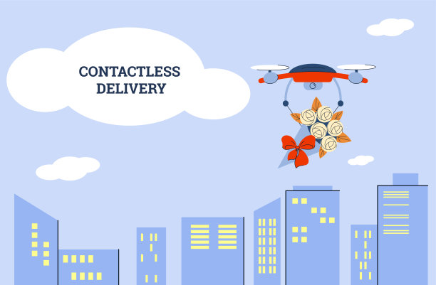 使用无人机进行非接触式的花束和鲜花空运。飞越城市上空。设计和广告的概念。向量图片下载