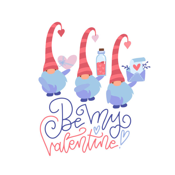 可爱的小矮人在红帽子心形情人节贺卡，礼物，t恤，贴纸，剪贴工艺品。矢量平面手绘插图与字母是我的情人。图片下载