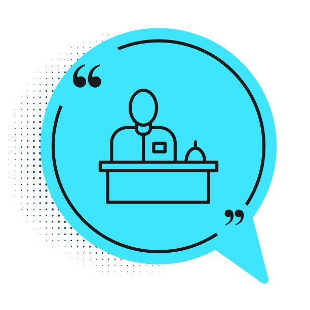黑线接待员站在酒店前台，图标被隔离在白色背景上。蓝色语音气泡符号。向量图片下载