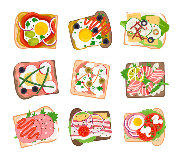 美味的三明治。卡通汉堡配新鲜番茄和洋葱，烤火腿和奶酪，烤鸡蛋和培根图片下载