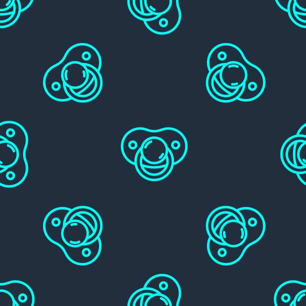 绿线婴儿假奶嘴图标隔离无缝模式上的蓝色背景。孩子的玩具。向量图片下载