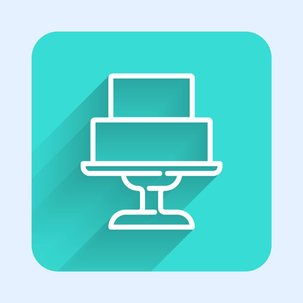 白色线婚礼蛋糕图标孤立与长影子。绿色广场按钮。向量图片下载