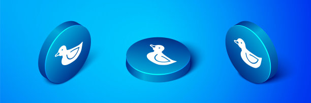 等距橡胶鸭子图标孤立在蓝色背景。蓝色圆按钮。向量图片下载