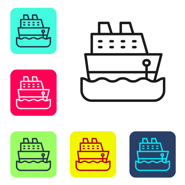 黑线邮轮图标孤立在白色背景。旅游，航海运输。远航客轮、游船。全球巡航。在彩色方形按钮中设置图标。向量图片下载