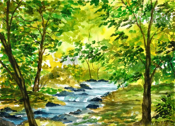 水彩画，森林和河流。图片下载