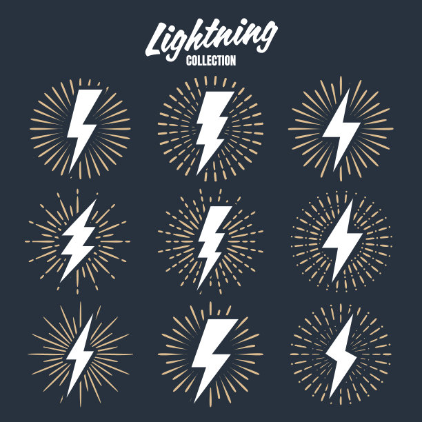 一套老式的闪电和阳光。具有日射效果的闪电。雷电，电击标志。矢量图图片下载