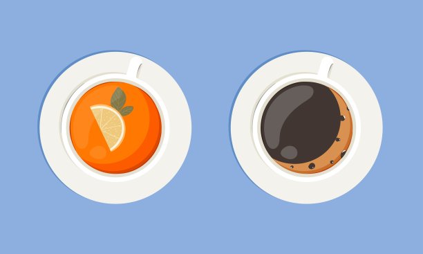 一杯柠檬茶和咖啡杯，俯视图。矢量插图在平面风格图片下载