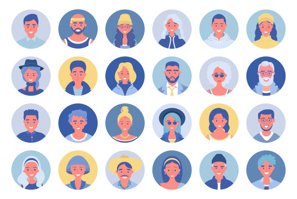 人物头像套装。用户画像。不同的人脸图标。男性和女性角色。微笑的男人和女人的性格。平面卡通风格插图图片下载