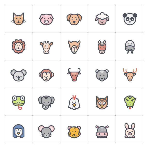 图标设置-动物图标轮廓描边与颜色矢量插图上的白色背景图片下载