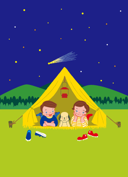 一个男孩，一个女孩和一只狗正在帐篷里看星星。图片下载